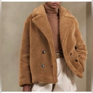 Banana Republic Vintage Faux Fur Teddy Double Breasted DARK CAMEL Coat Size S